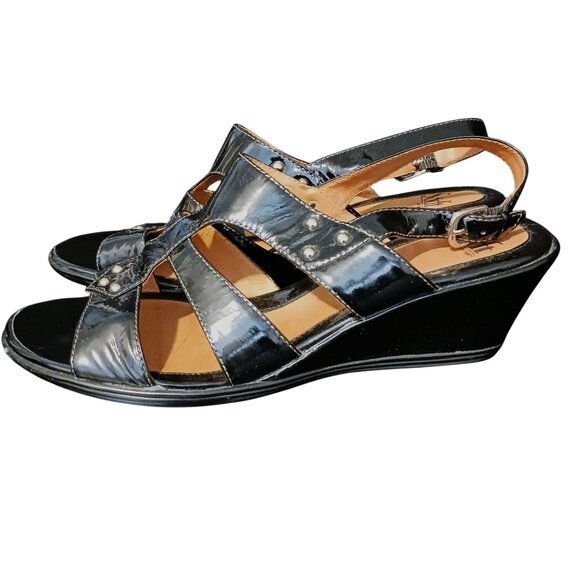 Sofft Black Patent Leather Studded Wedge Sandals Size 10 w/ Adjustable Strap - Picture 4 of 8